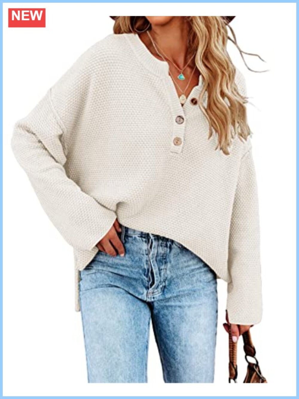Womens Oversized Knit V Neck Button Pullover Sweater Batwing